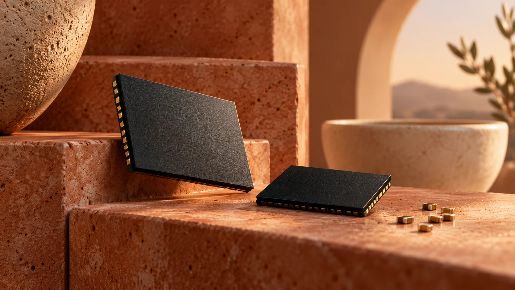 Memory components displayed on terracotta stone